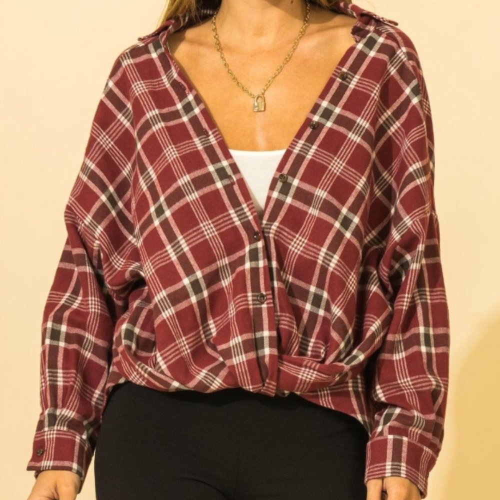 Fall ready twisted oversized plaid Top